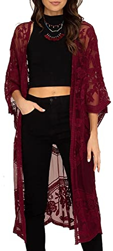 YOUKD Cardigan da donna in pizzo trasparente abito Boho lungo kimono spiaggia costume da bagno coprire abiti, C Rosso Scuro, Etichettalia unica
