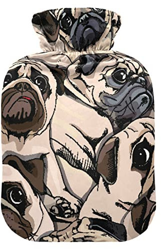 YOUJUNER Wärmflasche mit Mops Hund Portrait Bezug 2 Liter Große Wärmflasche Warm Komfort Handfüße Wärmer