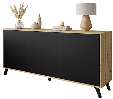 lukmebel Kommode SANAYI III 153cm Laminierte Platte ABS-Kanten Push to Open 153,9x72x39,6cm Beine 14cm Modern Funktional Sehr Langlebig Artisan Oak/Schwarz Matt