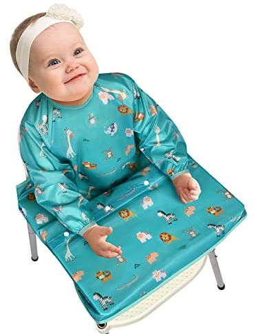 Vicloon Baby & Toddler Feeding Coverall Bibs, 2 in 1 Detachable Led Weaning Bib, Waterproof Long Sleeve Bib Unisex Bibs Apron for Infant (Animal) (BS-Xb2IN1GJYZY-DW-FBA)