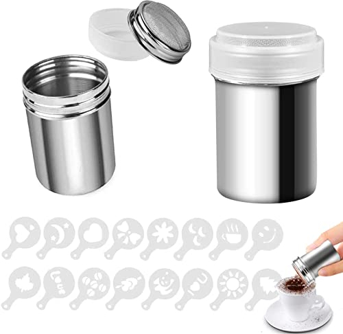 2 Pack Chocolate Shaker, Stainless Steel Powder Shaker,16 Coffee templates Set for Syrup,Cream,PowderedSugar,Cocoa,Cappuccino,for Kitchen,Drinks,Baking