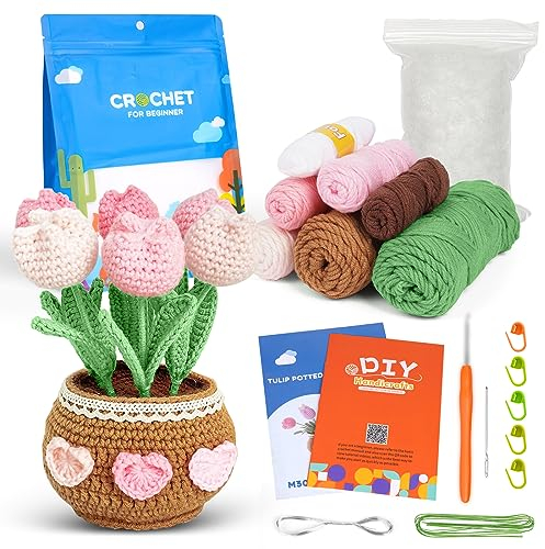 AUAUY Häkelpaket für Anfänger, Tulpe Häkelpaket, Anfänger-Häkel-Starter-Kit, Anfänger-Häkel-Starter-Kit mit Schritt-für-Schritt-Video-Anleitungen, Häkel-Strick-Kit für Anfänger und Erwachsene