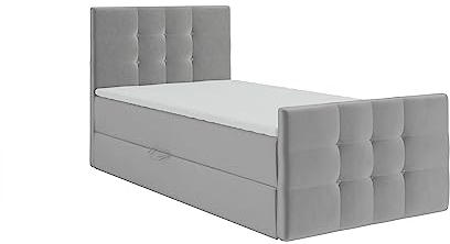KEF Paris Mini Boxspringbett 100x200 cm - Bett mit Matratze und Topper - mit Bettkasten - Polsterbett mit Kopfstütze - Bonell-Matratze H3 - Silber Tiffany