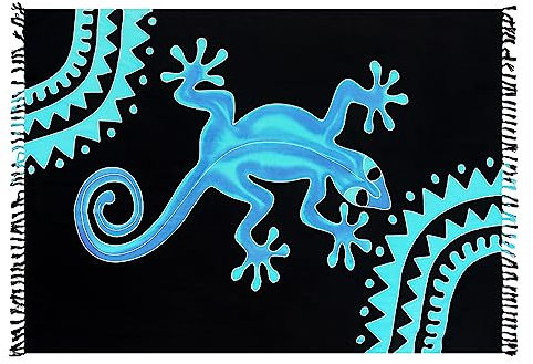 SAIVONA Pareo Sarong Strandtuch Damen-Wickelrock Strand-Handtuch Wickeltuch oder Handtuchkleid und Wickelkleid Damen-Handarbeit aus Fair Trade Herstellung Batik Gecko Schwarz Türkis