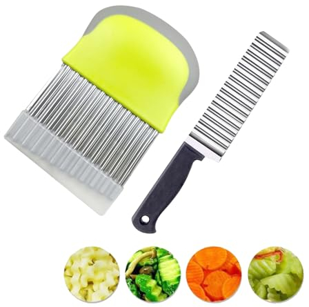 Yeria Set de 2 Coupe-Patates Ondulés,Couteau Ondulé pour Couper Les Légumes et Les Fruits,Coupe Frites en Acier Inoxydable,Couteau Ondulé Polyvalent pour Pommes,Concombre etc.