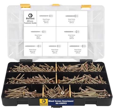 Bonost 450PCS #8#10 Wood Screws Assortment Kit-Torx Drive Flat Head Assorted Deck Screws Set, 7Sizes 1-4/7,2,2-3/8,1-1/6, Zinc Plated with Matching Bits for Exterior Decking, Furniture&Woodworking
