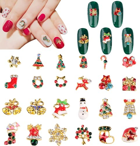 3D Christmas Nail Art Charms, 24 Pcs Metal Nail Studs Snowflake Elk Snowman Bells Christmas Nail Rhinestones and Gems Nail Jewelry for Nail Art Decorations DIY Crafts (Multi-Colored B)