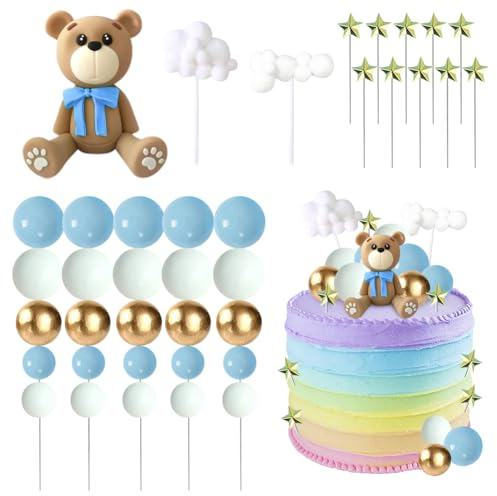 Blue Bear Cake Toppers 38 PCS Teddy Bear Cake Decoration with Gold Blue White Pearl Ball Baby Welcome Baby Cake Decoration Party Birthday Party Teddy Bear Birthday Decoration
