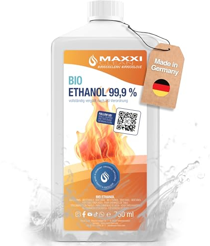 Maxxi Clean | 750 ml Bioethanol für Tischkamine | Made in Germany | geruchsneutral und rußfrei bei Indoor,- und Outdoor Ethanol-Kaminen | geeignet für Raum,- und Gartenfeuer mit Alkohol-Kamin