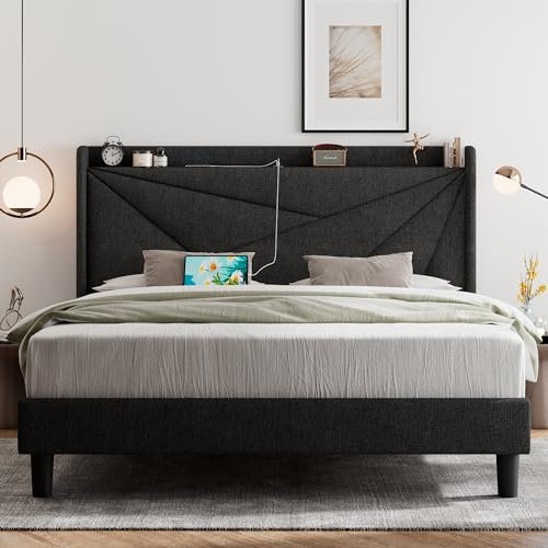 Feonase Queen Size Bed Frame with Charging Station, Linen Upholstered Platform Bed Frame with Wingback Storage Headboard, Solid Wood Slats Support, No Box Spring Needed, Noise Free, Dark Gray