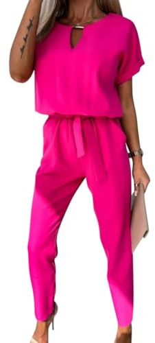 shownicer Damen Lang Jumpsuit Elegant Sommer Kurzarm V-Ausschnitt Overall Hosenanzug Romper Weites Bein Playsuit A Rose Rot S