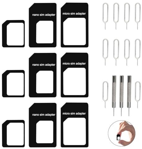 16 Pièces 4 en 1 Adaptateur Carte SIM avec Épingle d'Éjection de Carte SIM Kit, Nano à Micro, Nano à Standard, Micro à Standard Adaptateurs, Éjecteur SIM et Outil de Retrait de Carte SIM pour Mobiles