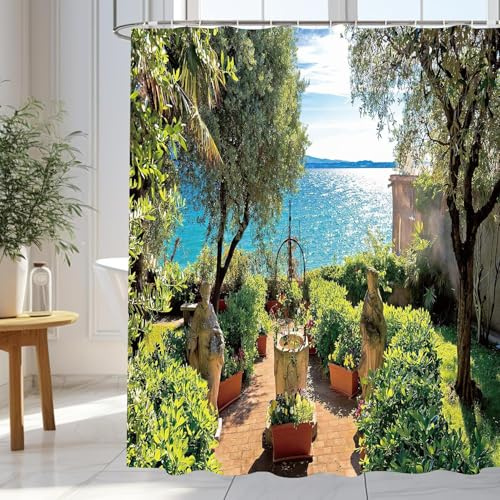 wiipara Duschvorhang 180x180 cm, Mediterraner Gartenweg Shower Curtain | Schimmelresistent & Waschbar, Wasserabweisender Textil-Badevorhang, Badewannenvorhang, Modern Duschvorhänge Inkl. 12 Ringe