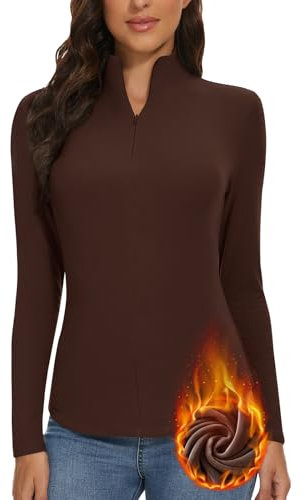 WOWENY Maglia termica da donna, a maniche lunghe, con chiusura lampo a 1/4, in pile, foderata, colletto alto, con mezza zip, calda, a maniche lunghe, marrone, L