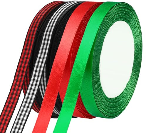 Augshy Geschenkband Weihnachten, 4 Rollen 10mm Weihnachten Schleifenband 100 Yards Weihnachtsband Rot Grün Geschenkband für Weihnachten Geschenk Deko