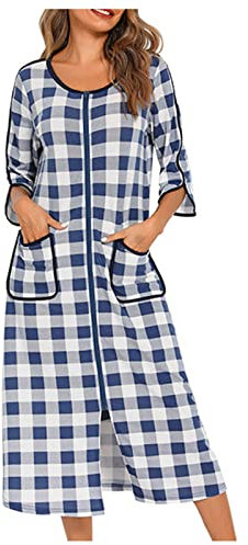 NSICBMNO Blue Long Nightgowns For Women Zip Up Bathrobes Tartan Dressing Gown Lightweight Housecoats Short Sleeve Nighties Long Length Nightdresses Zip Front Dressing Gowns Nightwear With Pockets