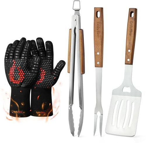 onlyfire Ustensiles de Barbecue, Comprend Une Pince à Barbecue, Spatule, Fourchette à Viande et Gants de Barbecue, Set d'ustensiles de Barbecue, Accessoires de Gril, Acier Inoxydable, 5 Pièces