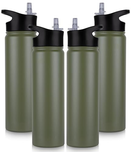 UMBFUN Edelstahl Trinkflasche - 750ml - mit Strohhalm,Auslaufsicher,Kohlensäure Geeignet,BPA frei Thermosflasche(+2 Deckel)Vakuum Doppelwandisolierung für Sport,Reisen,Camping,Schule,Fahrrad,(4er Set)