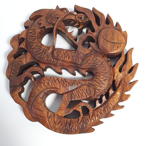 Generisch Drache Handgeschnitzt aus Suar Holz Wandbehang Wandplakette Wanddekoration China Mythologie 19 cm