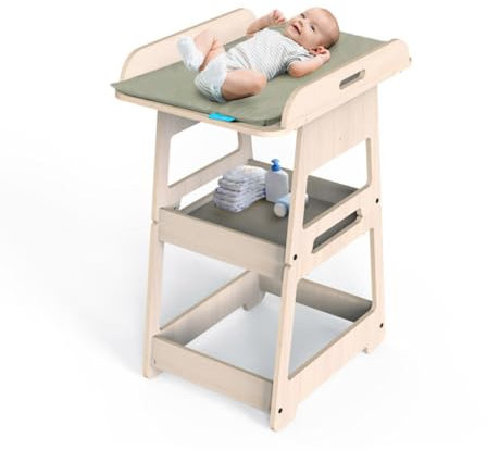 Mamatoyz - 19CFLAT - Fasciatoio neonato, materasso impermeabile incluso, fasciatoio trasformabile in tavolino e sedia per bambino, ripiani per accessori, legno di betulla