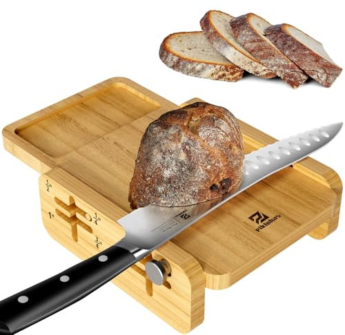 Piklohas Bread Slicer with Bread Knife, World's 1st Horizontal Wooden Loaf Cutter with Crumb Tray, Adjustable Thickness, Paired with a Resharpenable German HC Stainless Steel 10 Inch Serrated Knife