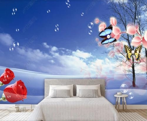 XLMING Red Roses Blue Sky White Clouds Trees Butterflies 3D Wallpaper Home Dining Decor Paste Sofa Living Room The Wall for Bedroom Mural-430cm×300cm