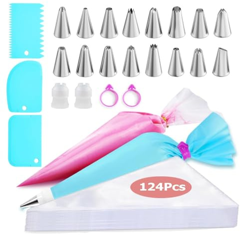 Spritzbeutel mit Tüllen 124 Stück, Spritztüllen Set, Torten Zubehör mit Spritztüllen Edelstahl, Silikon Spritzbeutel für Cupcakes, Torten Dekorieren, Kuchen (Blau)