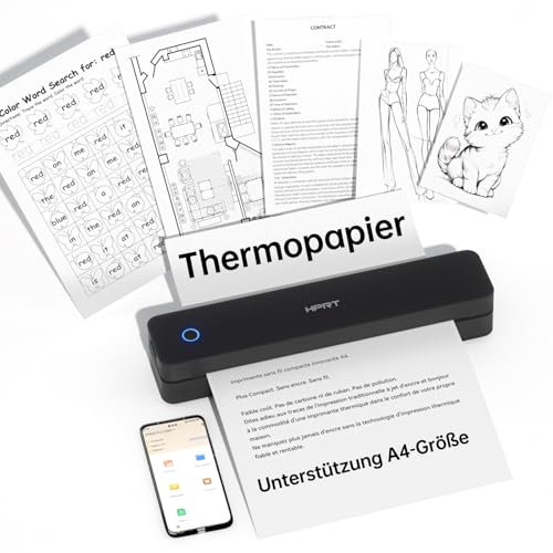 HPRT tragbarer Drucker drahtlos für Reisen, Bluethooth Tintenloser Thermodrucker Unterstützung für A4-Papier, kompatibel mit iOS, Android, Laptop für Büro und Zuhause, schwarz