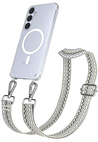 EAZY CASE Handykette - Verstellbares Taschenband kompatibel mit Galaxy S25 Plus, Schulterriemen, Handykordel mit Silikon Hülle, Qi Charging kompatibel, Umhängetasche, Wellen - Beige Blau Metall Silber