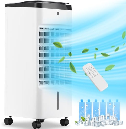 Uthfy - Aire acondicionado portátil sin ventanas, enfriador de aire evaporativo 3 en 1 con 6 paquetes de hielo, 4 modos, oscilación de 120°, temporizador de 12 H, 3 velocidades, control remoto