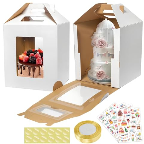 Huucozn 2 Stück Tortenbox Hoch 31.5 x 25.5 cm Tortenkarton Tortentransportbox mit Bodenplatten Bändern Stickern Transparent Tortenschachtel Groß Cake Box Torten Karton für Kindergeburtstage Geschenke