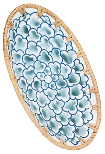 Cosiki Plateau tissé, Plateau de Service Rotin Plaque Ovale Plaque Décorative tissé en Céramique de Serveur Rotin pour Décoration de Table, Décoration de Table (Encre Bleu Fleur Petite Assiette en