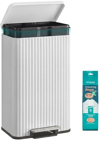SONGMICS Kitchen Bin, 13 Gallon (50 L) Waste Bin with Pedal, Soft-Close Lid, and Removable Inner Bucket, Steel, 15 Rubbish Bags (Code K) Included, Cloud White LTB586WZ02