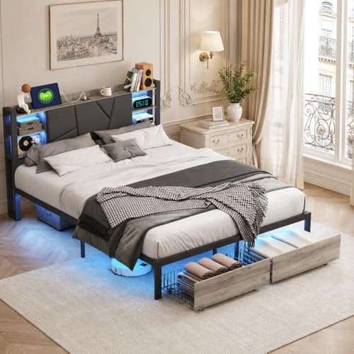 OLIVIBED Polsterbett Metallbett 140 x 200 cm, Doppelbett mit 2 Schubladen, Stauraumbett mit Lattenrost aus Robustem Bettgestell, Jugendbett für Schlafzimmer, Schwarz, PU, Ohne Matratze