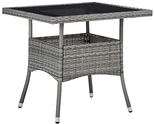 IBUQDDV Table à manger de jardin en polyrotin gris et verre avec structure en acier et plateau en verre trempé pour 4 personnes. Cette table à manger résistante aux intempéries en acier revêtu par