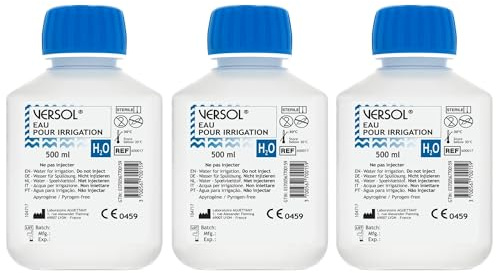 VERSOL Eau stérile pour rinçage – 3 x 500 ml – Eau purifiée H₂O – Solution stérile, sans pyrogène pour le nettoyage des plaies, soins de la peau, rinçage du récipient pour lentilles de contact