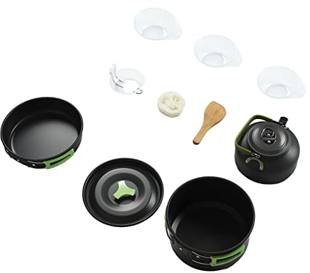 MAMJENNI Batterie de cuisine de camping pour l'extérieur, casseroles et poêles en aluminium anodisé dur avec revêtement antiadhésif, kit de cuisine portable pour randonnée,