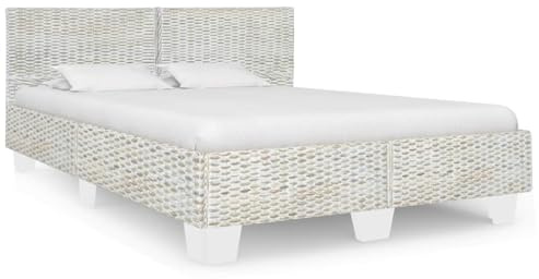 YUOTYRKTEJRSG Bettgestell Grau Natur Rattan 160 x 200 cm Massivholz Doppelbett mit Kopfteil handgefertigt aus Mahagoni Mangoholz und Kubu Schlafzimmer Bettrahmen stabil exotisch Wohnzimmer Landhaus
