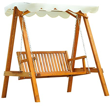 Outsunny Dondolo da Giardino Stile Classico Legno Massello di Pino Conforme alle Norme di FS Tettuccio Parasole in Tessuto di Poliestere con Rivestimento di PA 162x130x185cm 240kg