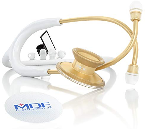 MDF Acoustica, Stéthoscope à double pavillon - Léger - Pour médecins, infirmières, étudiants, soins à domicile - Tubulure blanc, Lyre-pavillon or - MDF747XPK29