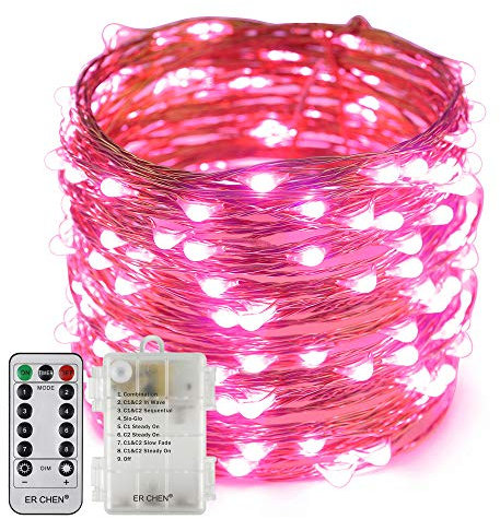 Erchen, luci a LED a batteria, dimmerabili, 66 FT 200 LED, ultra sottili, impermeabili, 8 modalità, timer, con filo di rame, per feste di Natale in interni ed esterni, colore: rosa