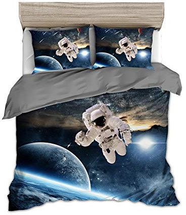 Loussiesd Set copripiumino per letto singolo,matrimoniale,con di razzo spaziale,con stelle,copripiumino con federe e cerniera,in microfibra,con chiusura a cerniera,Double