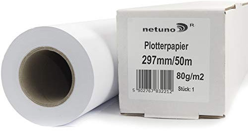 Netuno Rouleau de Papier Traceur 297mm x 50m - 80g/m² - Mandrin 50mm (2 Pouces) - Blanc Haute Qualité - Universel Pour Systèmes de Traçage à Jet d'Encre