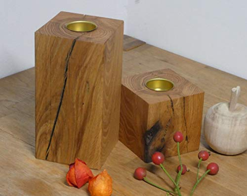 Teelichhalter Holz Eiche Massivholz Kerzenständer Teelicht Eichenholz 2er Set Herbstdeko (Messing)