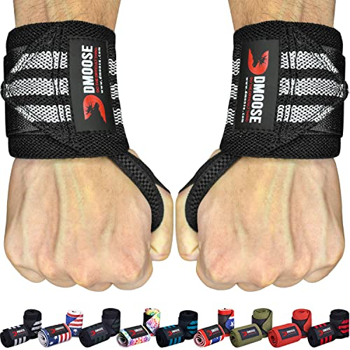DMoose Fitness Wrist Wraps for Weightlifting 18- Heavy Duty Gym Wrap with Hand Thumb Loop for Support & Pain Relief, USPA Approved Powerlifting, Weight Lifting Wrist Straps for Men & Women Work Out