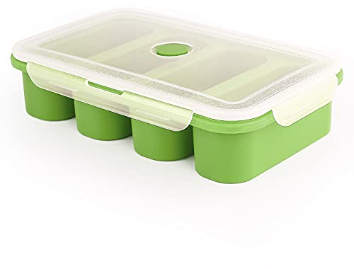 Bandejas de silicona para congelador, bandeja extra grande para cubitos de hielo, moldes de congelación de alimentos, 4 almacenamiento gigante para alimentos, salsa de comida con tapa (4 cubos, verde)