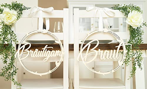Hochzeitideal - 2 Stuhlschilder Hochzeit Braut und Bräutigam in Gold - Holzschild - schöne Hochzeitsdeko - Schriftzug aus Holz - Holzdeko für Stühle - Deko Hochzeit