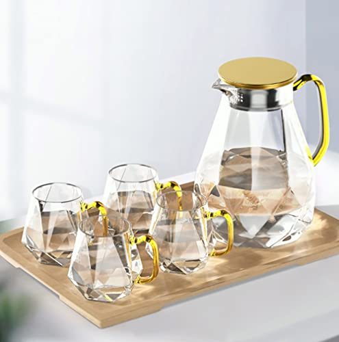 DUJUST Pichet en Verre de 2 Litres avec 4 Tasses & 1 Plateau en Bambou, Verre Design Diamant Moderne, Décoration pour le Salon, Carafe en Verre Haute Durabilité, Résistant au Chaud/Froid