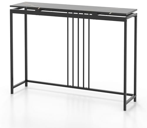COSTWAY 120cm Console Table, Faux Marble Sofa Side End Table, Metal Frame Narrow Hall Desk Storage Accent Table for Living Room, Bedroom, Foyer and Entryway (without Drawer and Compartments, Black)