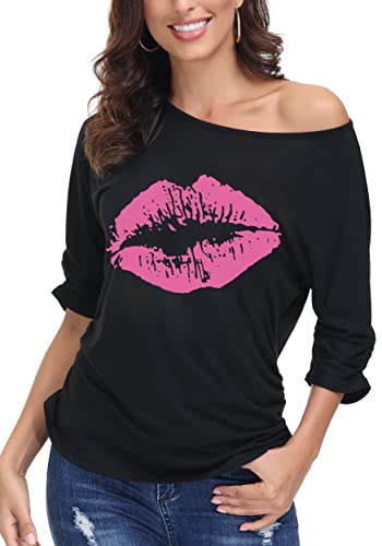 DOTIN T-Shirt Femme Mode Manches à Épaules Dénudées Tee Shirt Femme d'été Style de Base Imprimé Sexy